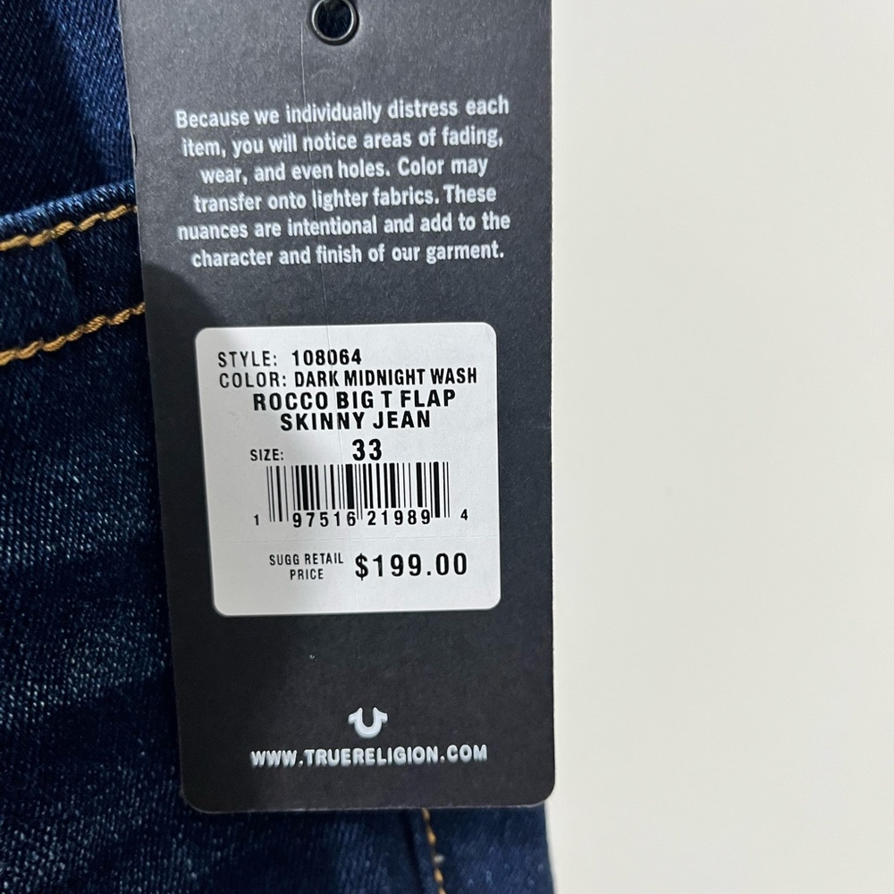 True Religion Jeans Mens Size 33x32 Rocco Relaxed Skinny Flap Big T Blue Denim - Picture 4 of 9